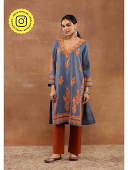 House of Chikankari - Blue Hoc Crafts Kashmiri Wool Aari Embroidered Long Kurta