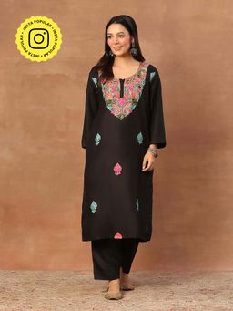 House of Chikankari - Black Kashmiri Wool Aari Women's Long Kurta with Pant
