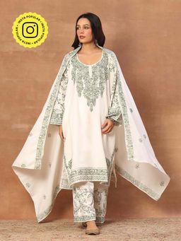 House of Chikankari - Kashmiri Women's Long Phiran Kurta With Pant And Dupatta- White