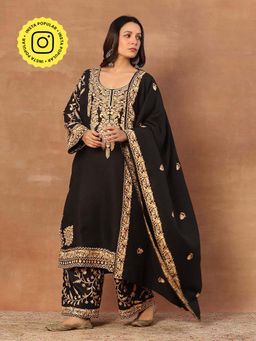 House of Chikankari - Kashmiri Women's Long Phiran Kurta With Pant And Dupatta- Black