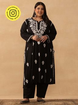 House of Chikankari - Black Rayon Chikankari Solid Womens Long Kurta