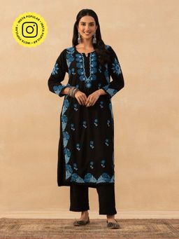 House of Chikankari - Black Rayon Chikankari Solid Women Long Kurta
