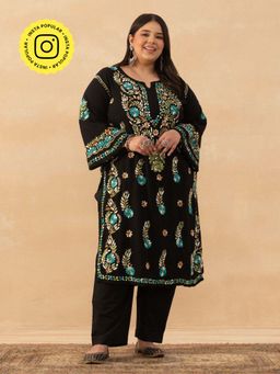 House of Chikankari - Black Rayon Chikankari Solid Womens Long Kurta