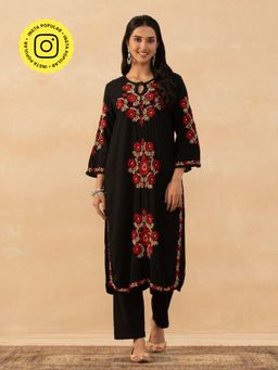 House of Chikankari - Black Rayon Chikankari Solid Womens Long Kurta