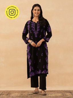 House of Chikankari - Black Rayon Chikankari Solid Womens Long Kurta