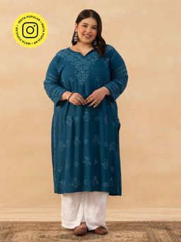 House of Chikankari - Teal Rayon Chikankari Solid Womens Long Kurta