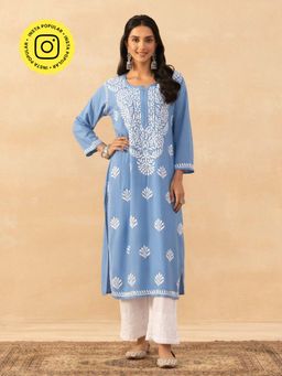 House of Chikankari - Blue Pastel Rayon Chikankari Solid Womens Long Kurta