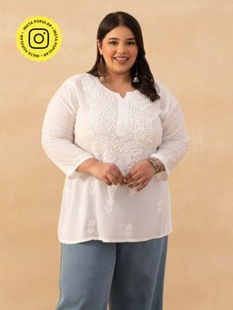 House of Chikankari - White Rayon Chikankari Solid Womens Short Kurta