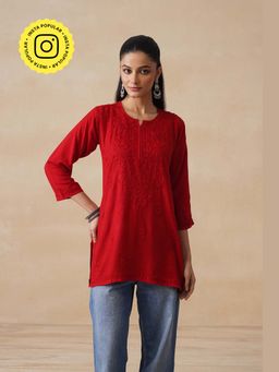 House of Chikankari - Red Rayon Chikankari Womens Short Kurta