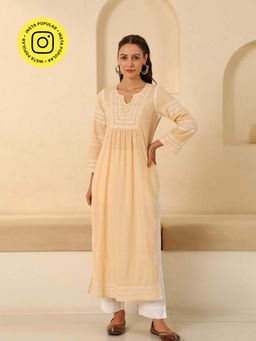 House of Chikankari - Womens Beige Adila Cotton Chikankari Long Kurta
