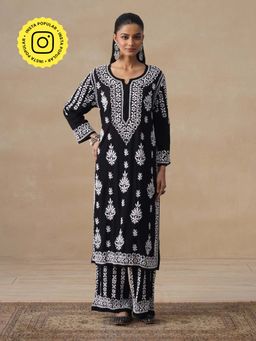 House of Chikankari - Black Modal Chikankari Long Kurta and Pant Set