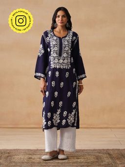House of Chikankari - HOC Modal Chikankari Embroidery Women's Long Navy Blue Kurta