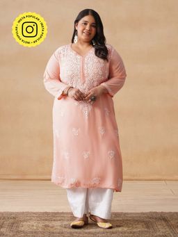 House of Chikankari - HOC Rayon Chikankari Embroidery Women's Long Peach Kurta
