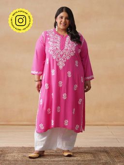 House of Chikankari - HOC Rayon Chikankari Embroidery Women's Long Pink Kurta