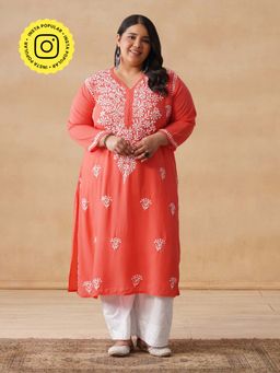 House of Chikankari - HOC Rayon Chikankari Embroidery Women's Long Orange Kurta