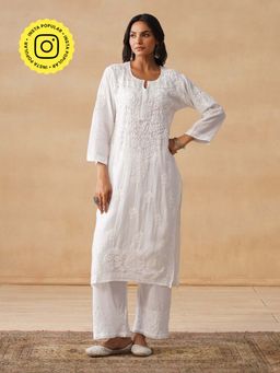 House of Chikankari - HOC Cotton Chikankari Embroidery Women's Long White Kurta