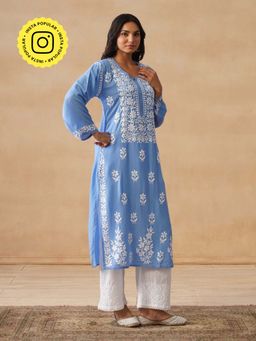 House of Chikankari - HOC Modal Chikankari Embroidery Women's Blue Kurta