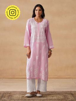 House of Chikankari - HOC Modal Chikankari Embroidery Women's Long Pink Kurta