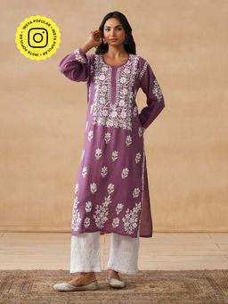 House of Chikankari - HOC Modal Chikankari Embroidery Women's Long Mauve Kurta