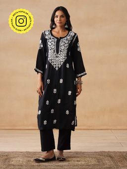 House of Chikankari - HOC Modal Chikankari Embroidery Women's Long Black Kurta