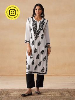 House of Chikankari - HOC Modal Chikankari Embroidery Women's Long White Kurta
