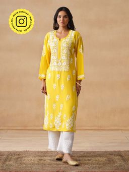 House of Chikankari - HOC Modal Chikankari Embroidery Women's Long Yellow Kurta