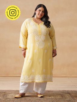 House of Chikankari - HOC Modal Chikankari Embroidery Women's Long Yellow Kurta
