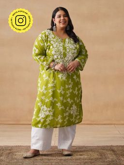 House of Chikankari - HOC Mulmul Chikankari Printed Women's Long Green Kurta