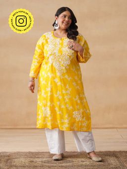 House of Chikankari - HOC Mulmul Chikankari Printed Women's Long Yellow Kurta