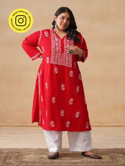 House of Chikankari - HOC Rayon Chikankari Embroidery Women's Long Red Kurta