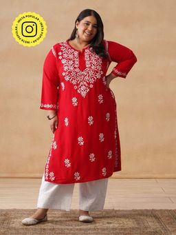 House of Chikankari - HOC Rayon Chikankari Embroidery Women's Long Red Kurta