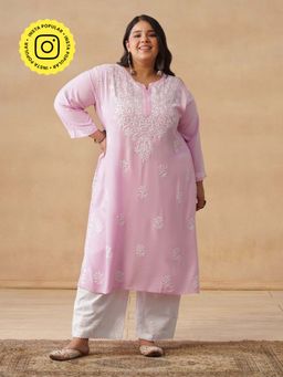 House of Chikankari - HOC Rayon Chikankari Embroidery Women's Long Pink Kurta