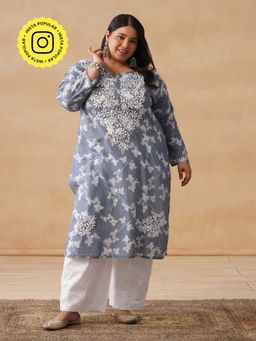 House of Chikankari - HOC Mulmul Chikankari Printed Women's Long Grey Kurta