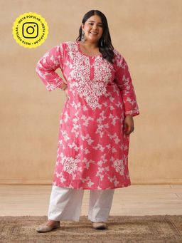 House of Chikankari - HOC Mulmul Chikankari Printed Women's Long Pink Kurta