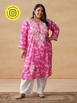House of Chikankari - HOC Mulmul Chikankari Printed Women's Long Pink Kurta