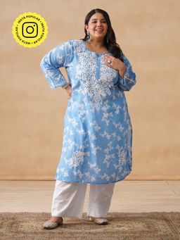 House of Chikankari - HOC Mulmul Chikankari Printed Women's Long Blue Kurta