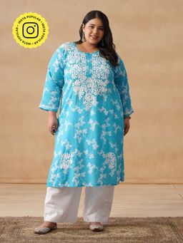House of Chikankari - HOC Mulmul Chikankari Printed Women's Long Blue Kurta