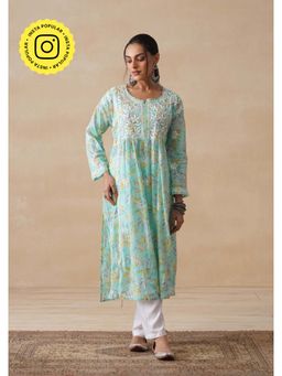House of Chikankari - Sea Green Mulmul Chikankari Printed Women's Long Kurta