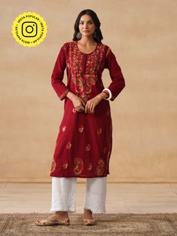 House of Chikankari - HOC Cotton Chikankari Solid Women's Long Maroon Kurta