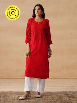 House of Chikankari - HOC Rayon Chikankari Embroidered Women's Long Red Kurta