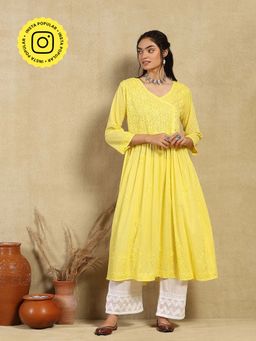 House of Chikankari - Yellow Dobby Cotton Chikankari Solid Women's Angrakha Kurta