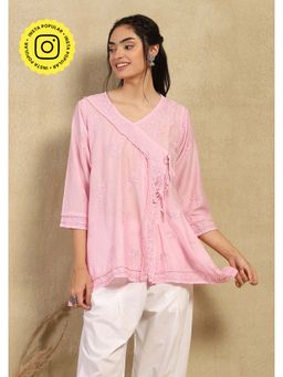 House of Chikankari - Pink Chanderi Chikankari Solid Women's Angrakha Short Kurta