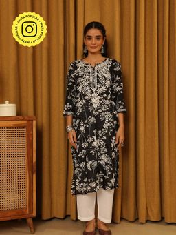House of Chikankari - Black Zainab Chikankari Mulmul Straight Kurta