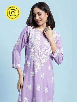 House of Chikankari - Rayon Chikankari Solid Women's Long Purple Kurta