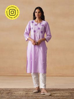 House of Chikankari - HOC Chanderi Chikankari Embroidered Straight Women's Lavender Kurta