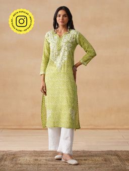 House of Chikankari - Hoc Mulmul Chikankari Stripes Women's Long Green Kurta