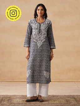 House of Chikankari - HOC Mulmul Chikankari Stripes Women's Long Black Kurta