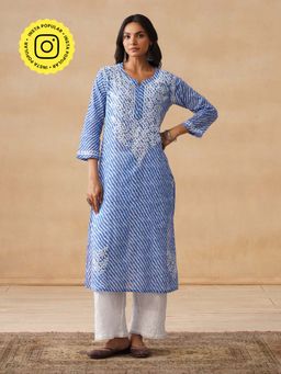 House of Chikankari - HOC Mulmul Chikankari Stripes Women's Long Blue Kurta
