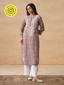 House of Chikankari - HOC Mulmul Chikankari Stripes Women's Long Brown Kurta
