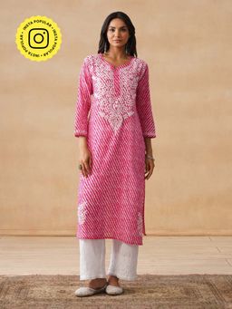 House of Chikankari - HOC Mulmul Chikankari Stripes Women's Long Pink Kurta